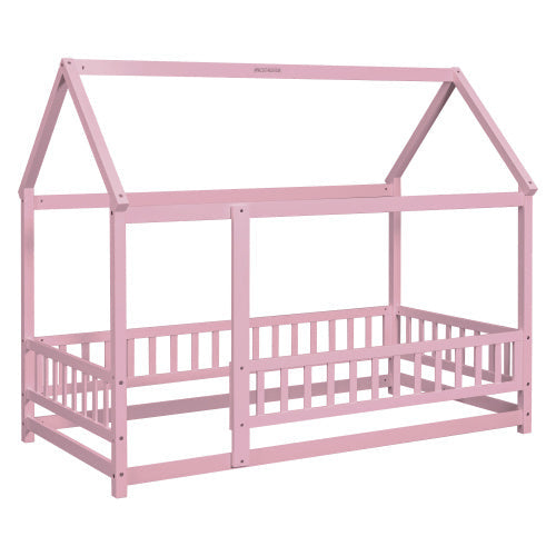 Twin Size Floor Wooden Bed With House Roof Frame Fence Guardrails Pink