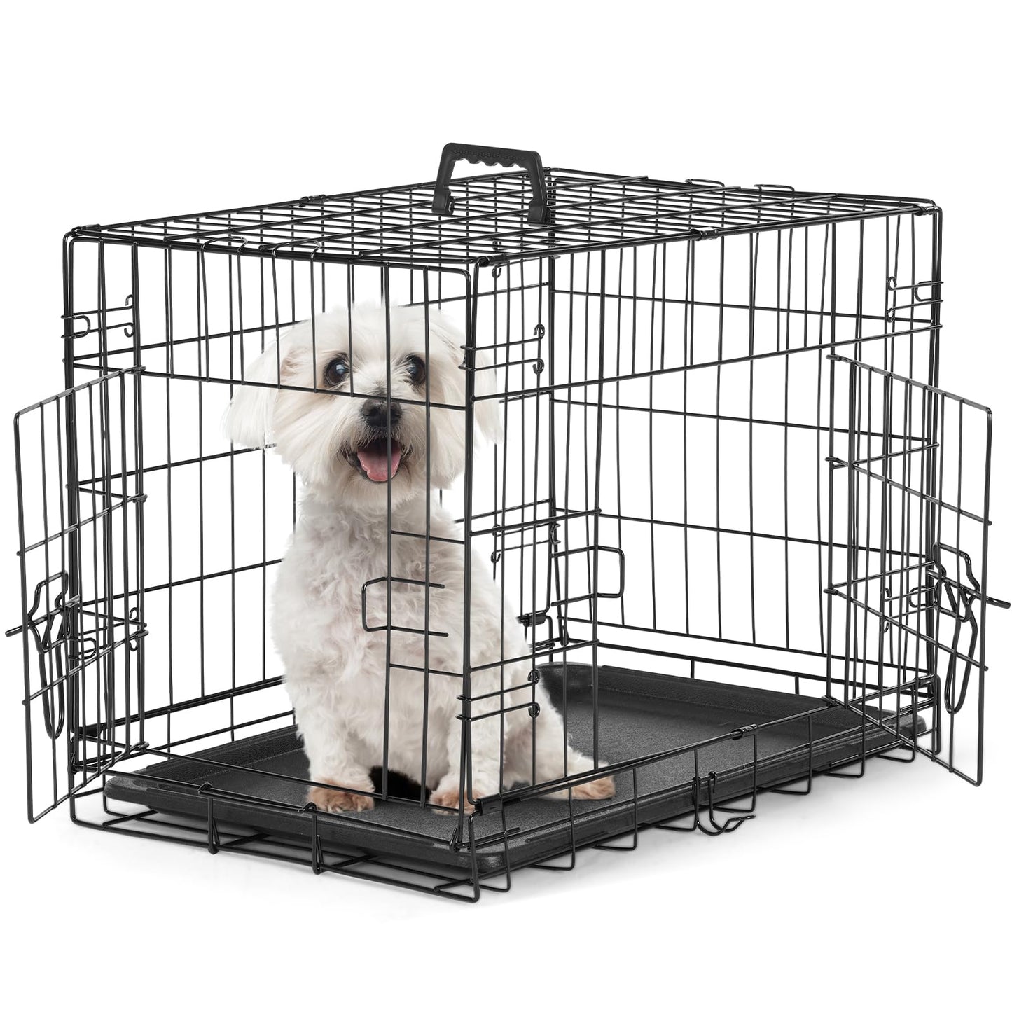 Sweetcrispy Small Dog Crate with Divider Panel 24 Inch Double Door Folding Metal Wire Dog Cage with Plastic Leak-Proof Pan Tray Pet Kennel for Indoor Outdoor Travel