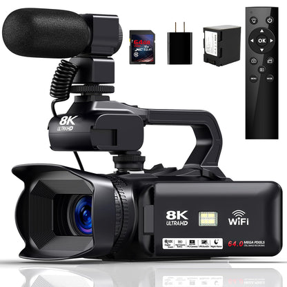 JIOWEATHER 8K Video Camera Camcorder HD 64MP 18X Digital Zoom Vlogging Camera for YouTube Video Camera with WiFi 4500mAh Battery 64GB SD Card Stabilizer Mic Remote Control and Charger