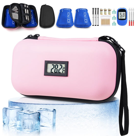 Wulumu Insulin Cooler Travel Case TSA Approved Medication Travel CaseDiabetes Travel Companionwith Digital Temperature Display (℉)Diabetic Supplies Storage Organizer Cooler Bag & 2 Ice Packs -Pink