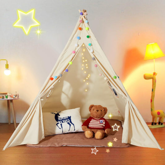 VEVOR Teepee Tent for Kids Indoor - Tent for Kids with Damp-Proof Mat & Decorative Balls Durable Kids Play Tent Outdoor with 19mm Frame & Non-Slip Bottom Toddler Tent for Boys and Girls Aged 3+