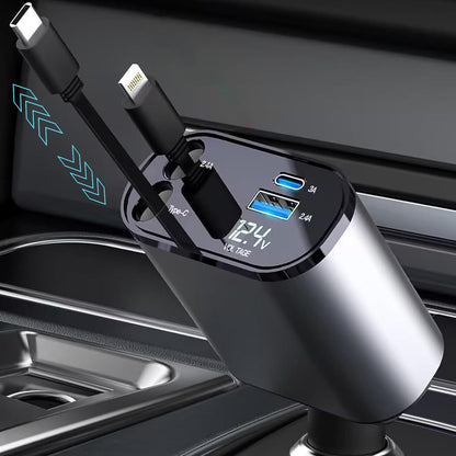 Retractable Car Charger Fast Charging - 66W 4-in-1 USB C Car Phone Charger Cigarette Lighter Adapter Car Charger Compatible with iPhone 17 16 15 Pro Max iPad Android Pixel Huawei Tablet
