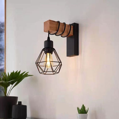 American Creative Wood Wall Light with Iron Shade