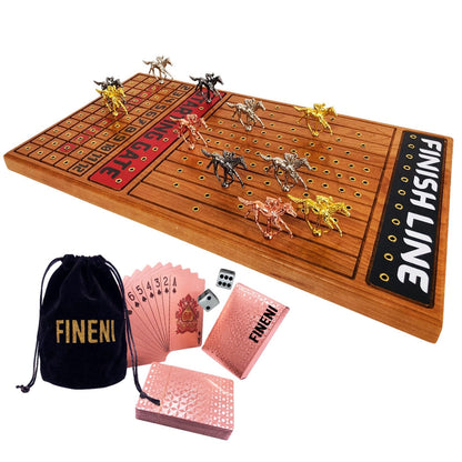 FINENI Horse Racing Game for Adults Horse Race Board Game with 11 Luxurious Metal Horses (Gold Silver Black Rose Gold) 22” Cherry Wood Horse Race Game Board Dice & RoseGoldCard Included (Cherry)