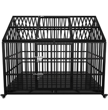 Heavy Duty Dog Crate 54 Inch Indestructible Pet Dog Cage Crate Kennel With Roof Top 2 Doors Removable Trays