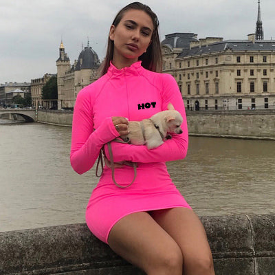 Sexy Zip Collar Long Sleeve Dress woman women date couple party night clubbing