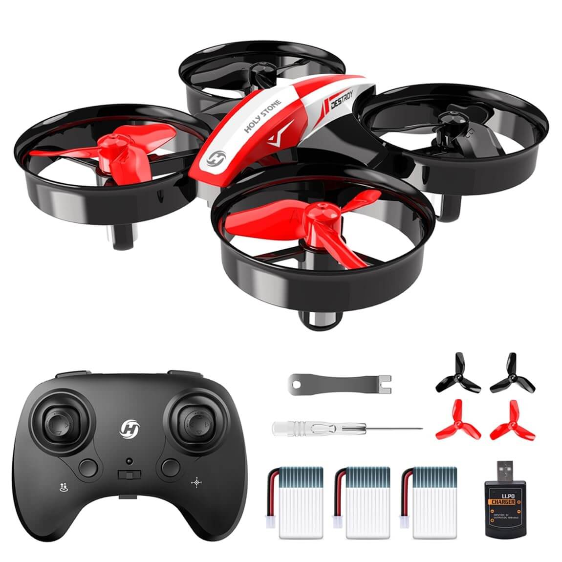 Holy Stone Mini Drone for Kids Beginners Red with remote controller and batteries, features 3D flips and altitude hold.