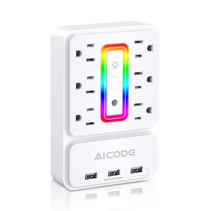 AICODE Multi Plug Outlet Extender 6 Outlet Surge Protector with 3 USB Charger(3.2A Total)Plug Electrical Outlet with 6 Ambient RGB Light Plug Extender for HomeOfficeDormHotel