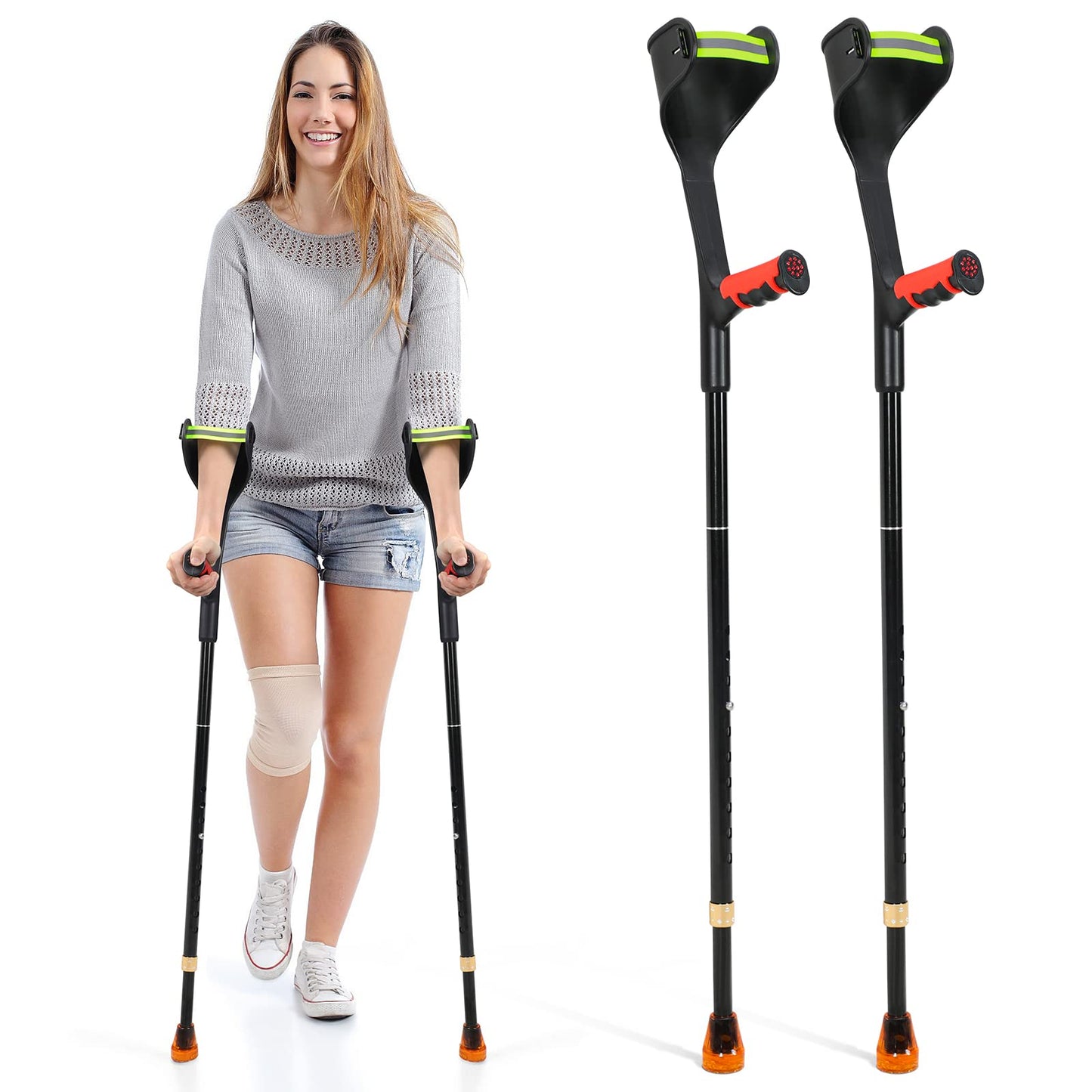 Elorgzem Pair Forearm Crutches Ergonomic Folding Forearm Crutches for Adults with Anti-Dorp Cuff 10-Level Adjustable Height Suitable for Adults with Leg Injury (1 Pair - Red Handle)