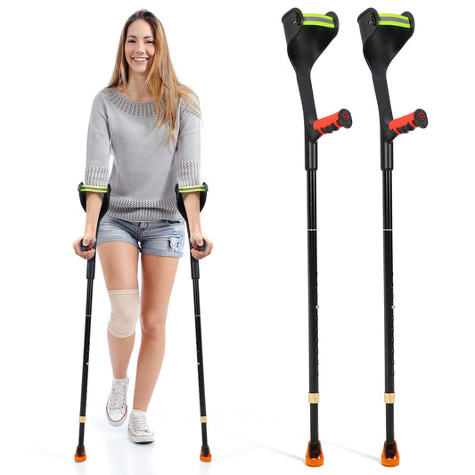 Elorgzem Pair Forearm Crutches Ergonomic Folding Forearm Crutches for Adults with Anti-Dorp Cuff 10-Level Adjustable Height Suitable for Adults with Leg Injury (1 Pair - Red Handle)