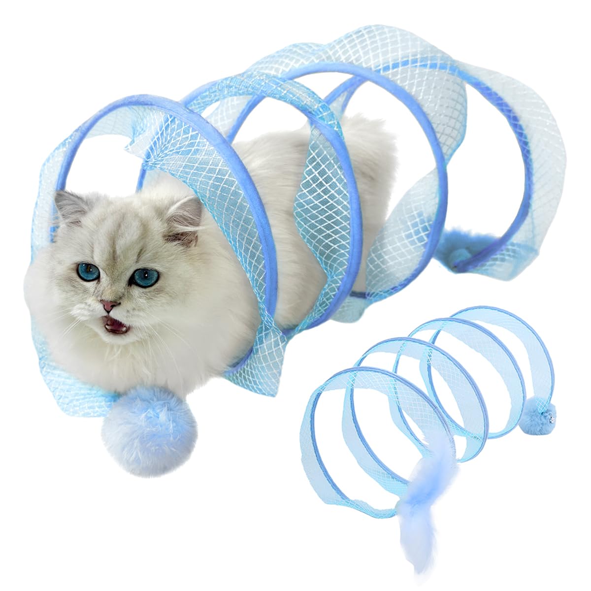 VERABE Folded Cat Tunnel Cat Tunnel for Indoor Cats Collapsible Cat Tunnel with Feather and Bell Folded Cat Tubes Cat Spring Toys for Rabbits and Cats Portable Pet Toy (Blue)