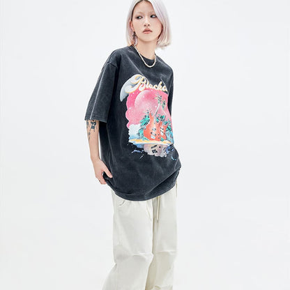 Retro Washed Distressed Rock Guitar Casual Tee