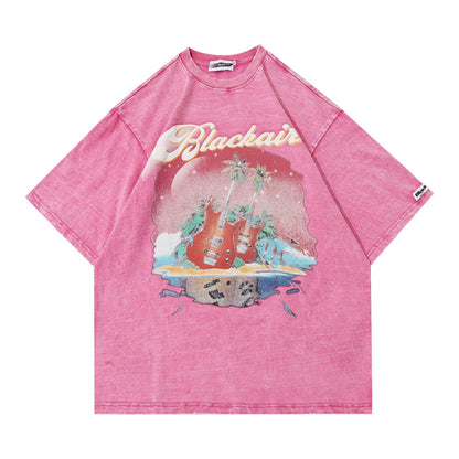 Retro Washed Distressed Rock Guitar Casual Tee