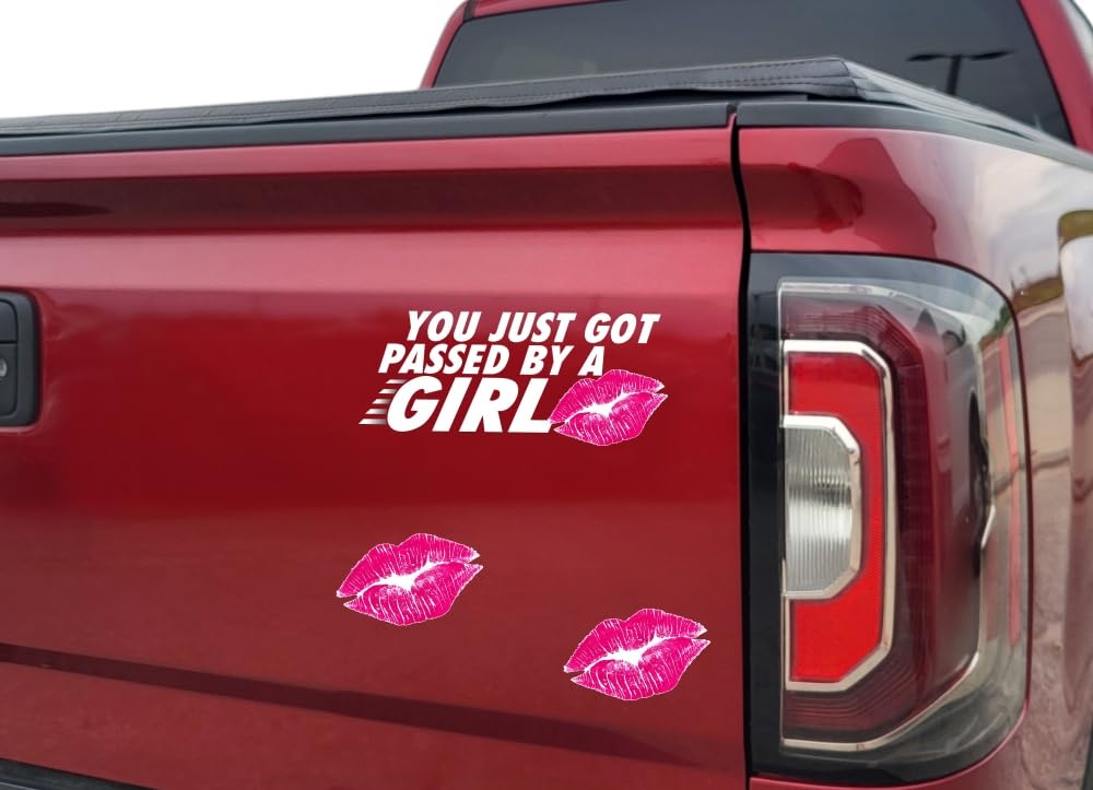 3 Decal Set - You Just Got Passed by a Girl 9" Vinyl Decal with 2 Kiss Print 5" Decals Girls Pickup Racing Car SUV Chicks Offroad Truck Fun 4x4 Off Road Vinyl Stickers (White 3 Decal Set)