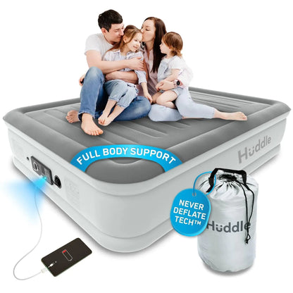 Huddle Luxury Air Bed with Patented Dual Pump SlumberGuard™ Premium Technology | Self-Inflation and Anti-Deflate Airbed Tech | Comfort Inflatable Air Mattress | Queen Size