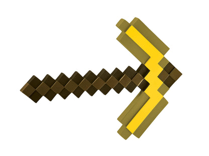 Gold Minecraft Pickaxe costume accessory for kids, 16-inch long toy axe for dress-up in Minecraft style.
