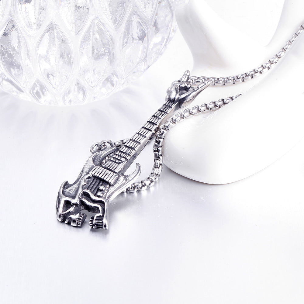 Rock Skull Guitar Pendant Necklace in Titanium Steel