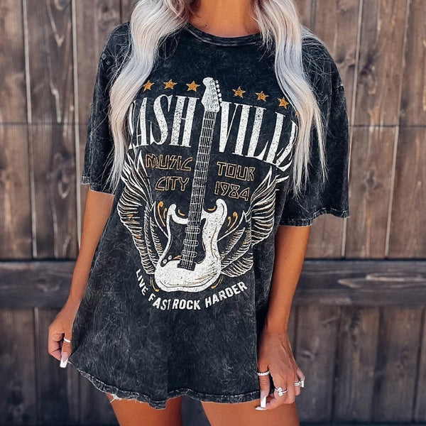 Women Summer Guitar Print Retro Pullover Top