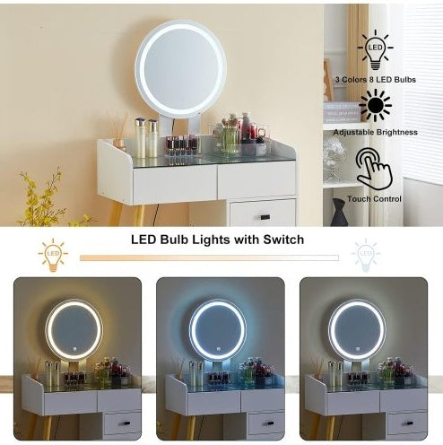 Make up Dressing Table With LED Lights Glass Top Extendable Side Table 5 Drawers Mirror Stool For Bedroom
