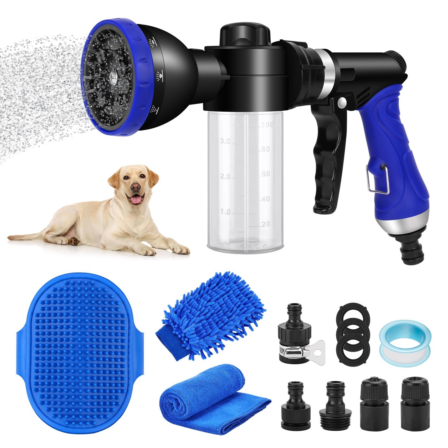 Pet Bath Sprayer Kit 10 Spray Patterns Adjustable Hose Wash Sprayer with 4 to 8 Bars Foam BlasterSuitable for Pet Washing Car Cleaning and Garden Use with 1/2” Quick Connector