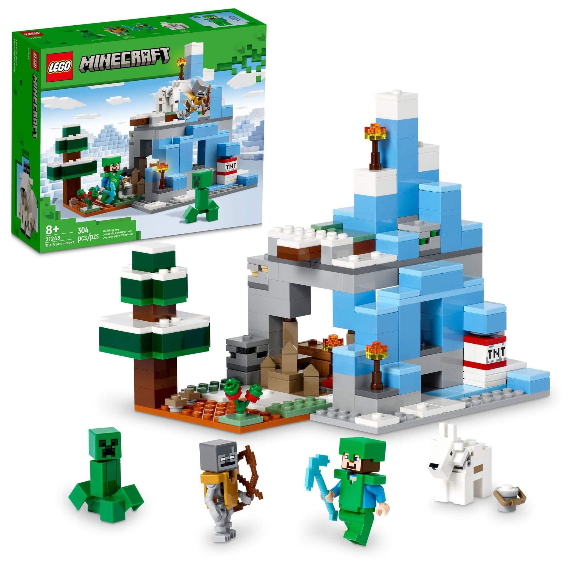 LEGO Minecraft Frozen Peaks cave mountain set with Steve, Creeper, Goat figures and icy biome accessories.