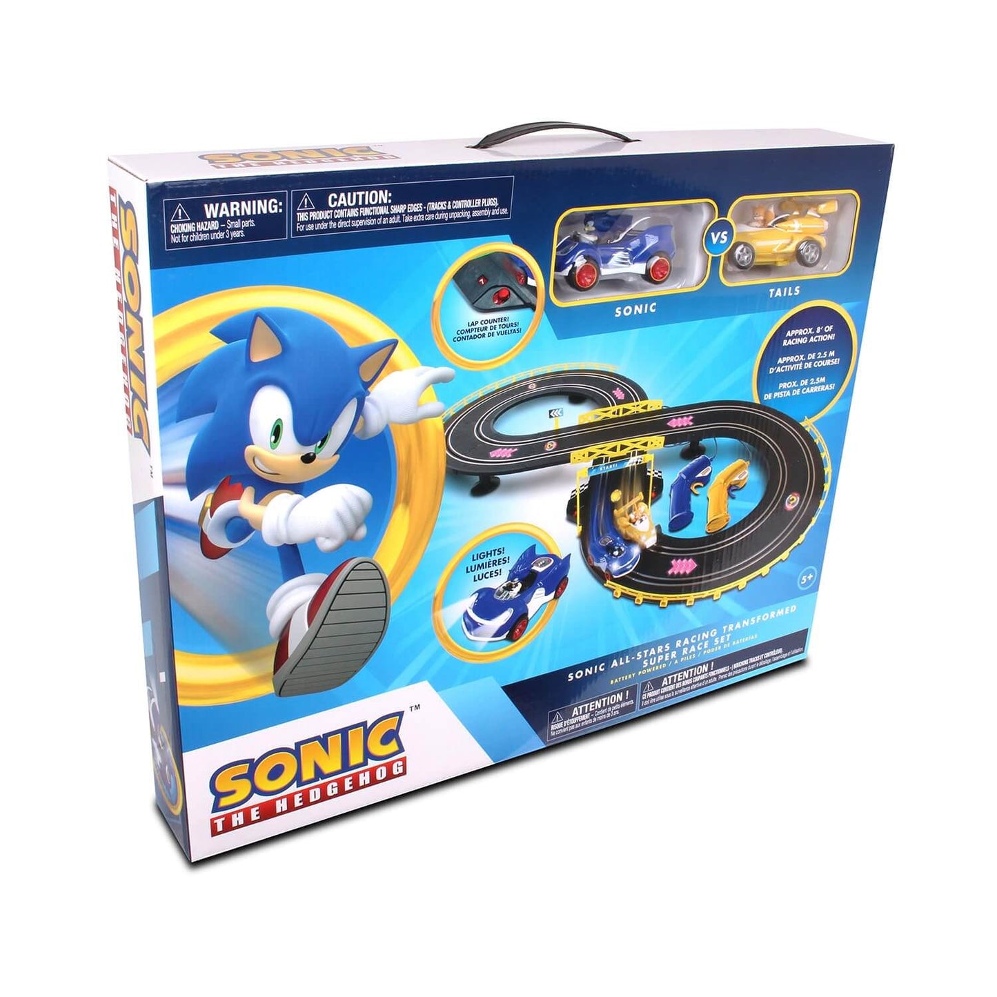 NKOK Sonic and Tails slot car race set packaging featuring cars and 8-foot track, ideal for kids ages 5 and up.