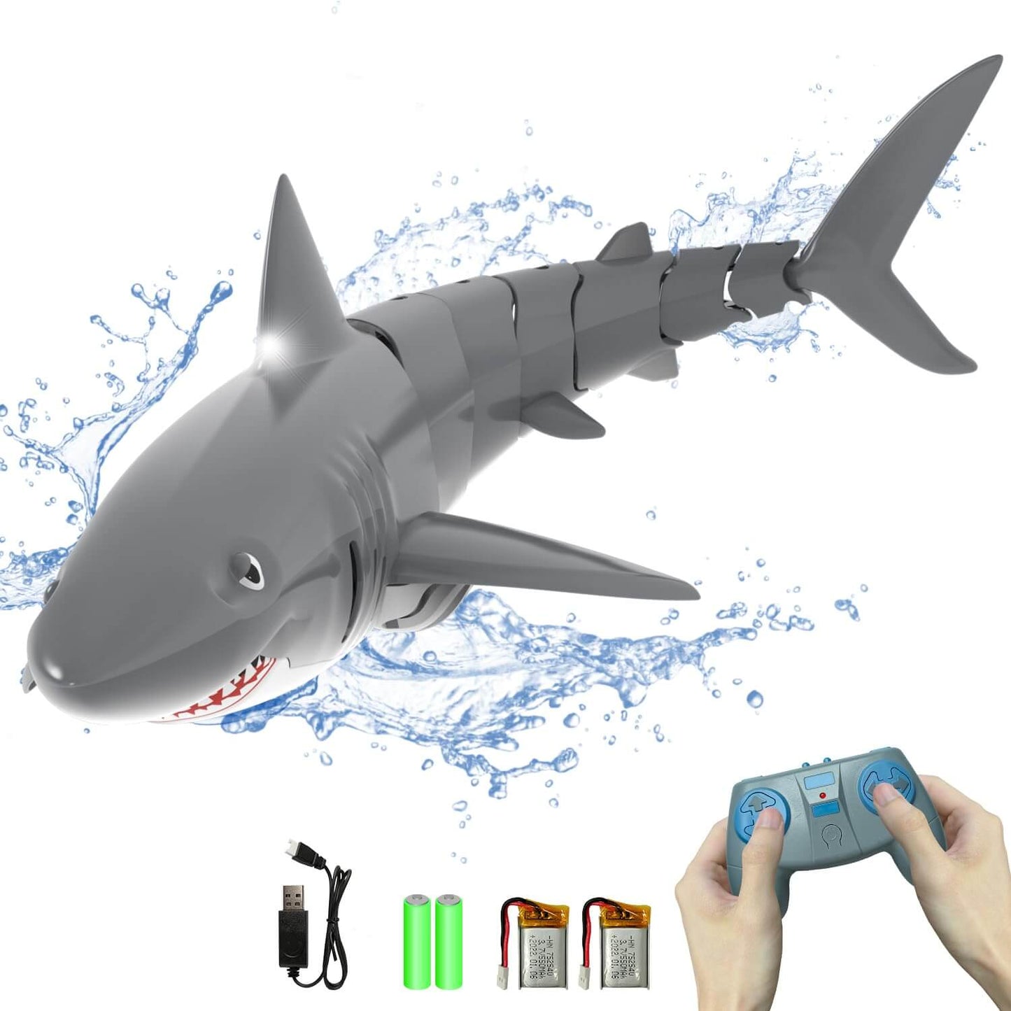 Remote control shark toy for kids swimming in water with controller and batteries, grey design for aquatic adventures.