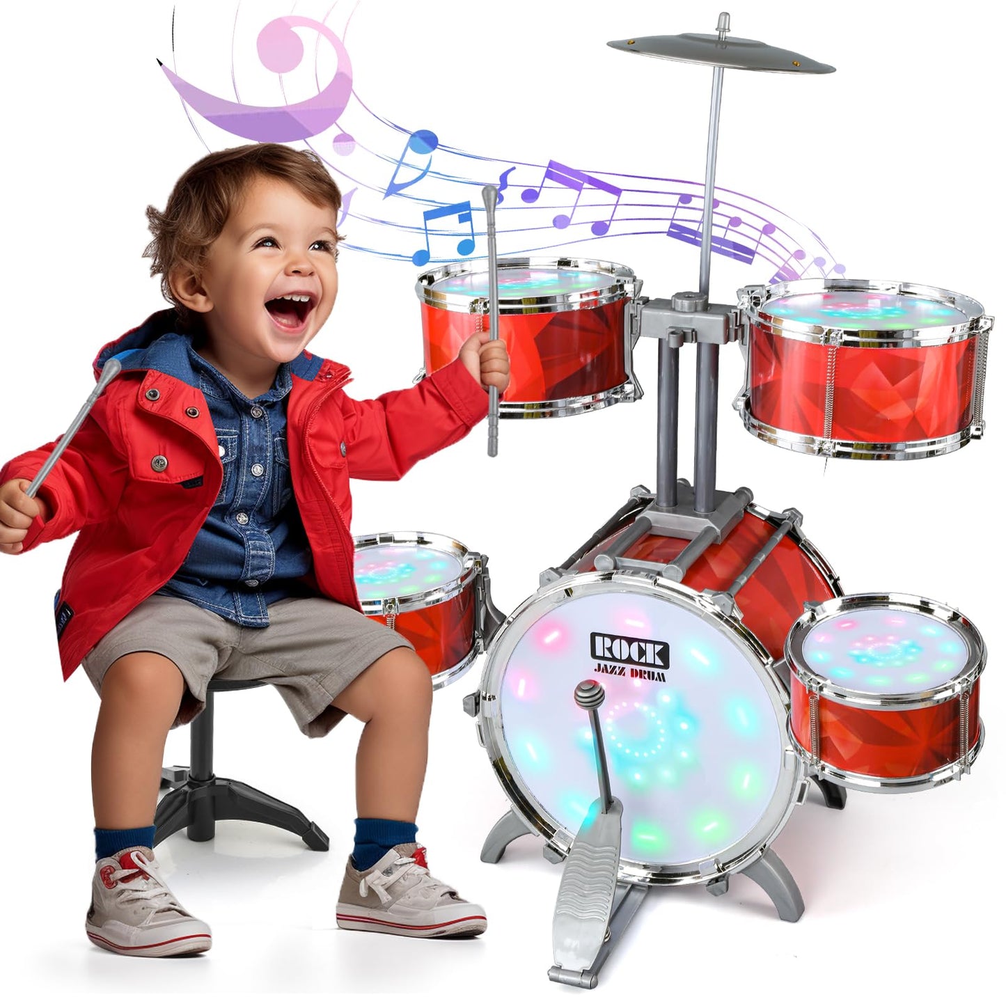 Toddlers Drum Set for Kids 1-3 3-5 with 5 Light up Drums Higher Bracket of Musical Drum Toys for Toddlers Red Drumset for Girls Boys 2-4 4-6 Years