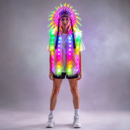 Full Color LED Light up Fur Vest Jacket with Indian Headdress - Performance Outfit for Night Events
