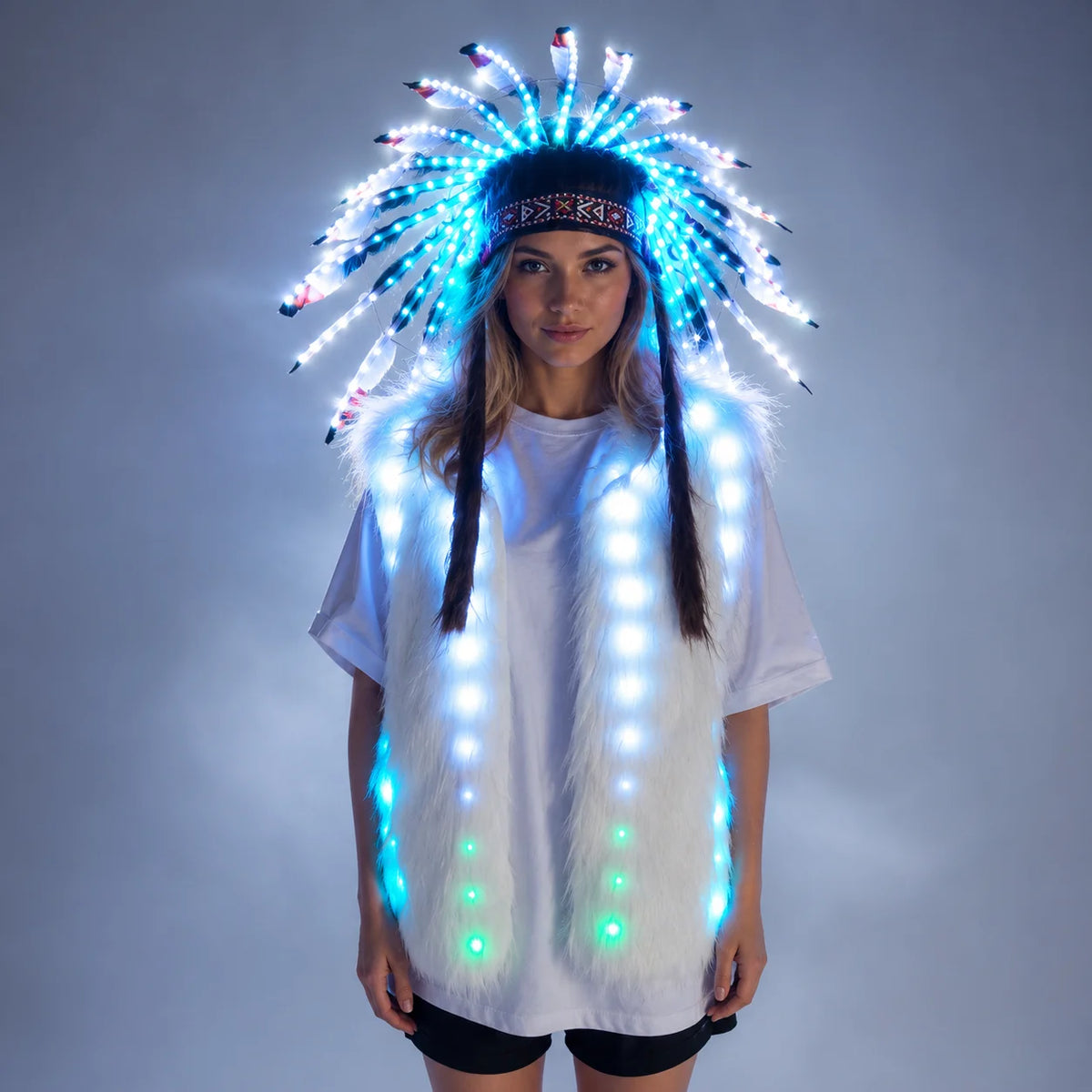 Full Color LED Light up Fur Vest Jacket with Indian Headdress - Performance Outfit for Night Events