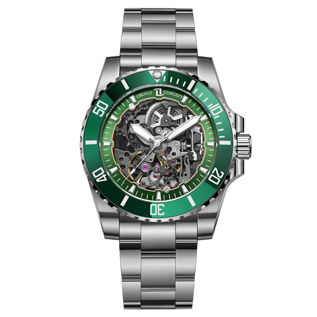 OBLVLO Men's Luxury Green Skeleton Dial Diving Watch Stainless Steel Luminous Waterproof Automatic Mechanical RX-DK Top Brand