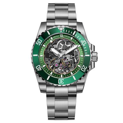 OBLVLO Men's Luxury Green Skeleton Dial Diving Watch Stainless Steel Luminous Waterproof Automatic Mechanical RX-DK Top Brand