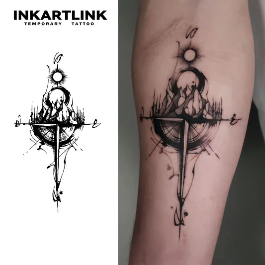 Compass temporary tattoo sticker, waterproof magic tattoo, lasts to 15 days fake tattoo, semi permanent tattoo