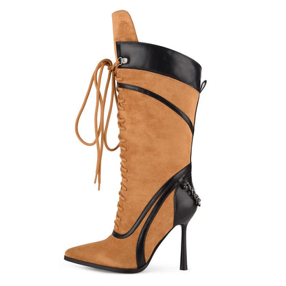 Onlymaker Women Pointed Toe Double Stiletto Heel Lace Up Mid-Calf Boots Faux Suede Nightclub Party  Daily Heel Stylish  Boots