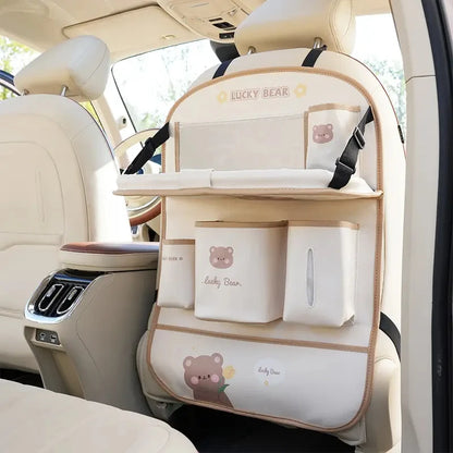 Leather Deluxe Car Seat Back Organizer-Multi-Function Storage, Foldable Dining Table Tray,Anti-Kick Pad,Decorative Car Accessory