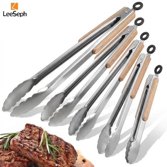 Leeseph Stainless Steel Food Tongs, Heavy Duty Kitchen Tongs with Wooden Handle for Cooking, Grilling and BBQ, 7-16 Inch Length