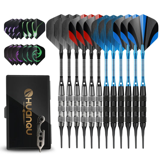 Huanqu 12-Piece Entry-Level Iron Soft Tip Dart Set, Each Dart Weighs 18 Grams, Aluminum Shaft with Pet Standard Dart Wings, Includes 20 Extra Safety Dart Tips, 12 Replaceable Dart Wings, and a Dart Installation Tool Electroni