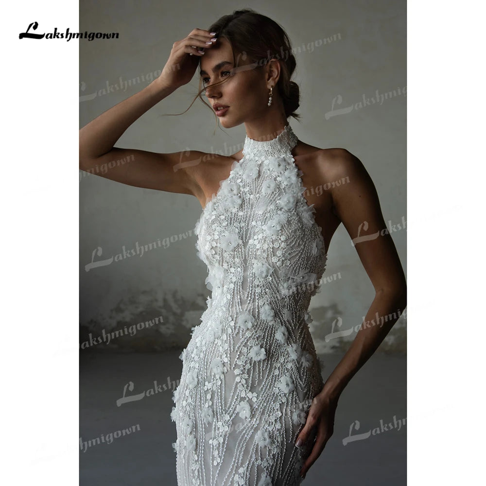 Sexy Halter High Neck Sleeveless Backless Lace Tulle Mermaid Wedding Dress Luxury 2025 Customized Bridal Gowns Vestidos De Novia