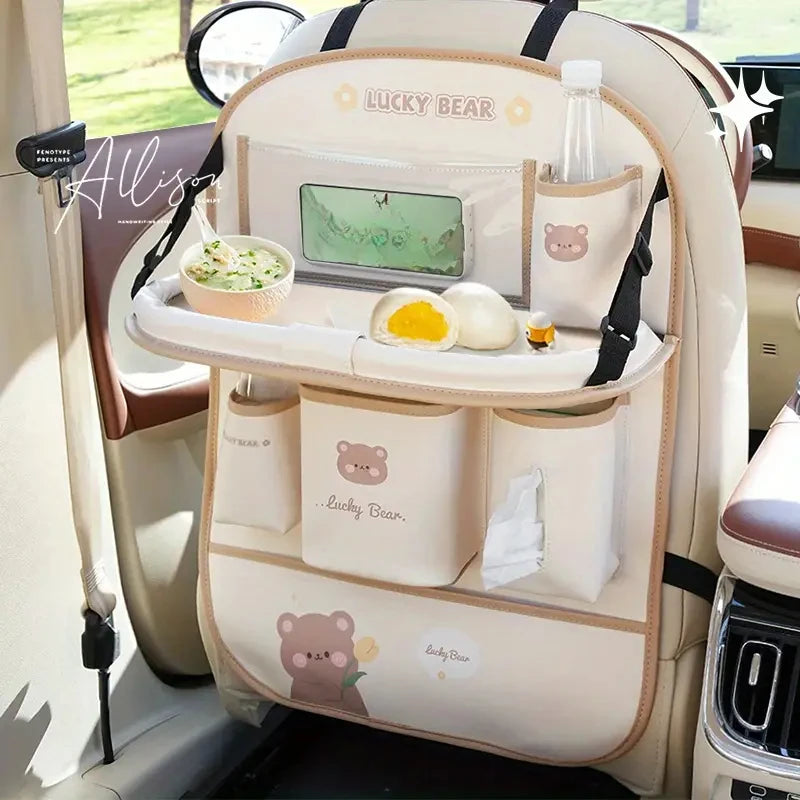 Leather Deluxe Car Seat Back Organizer-Multi-Function Storage, Foldable Dining Table Tray,Anti-Kick Pad,Decorative Car Accessory