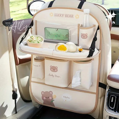 Leather Deluxe Car Seat Back Organizer-Multi-Function Storage, Foldable Dining Table Tray,Anti-Kick Pad,Decorative Car Accessory