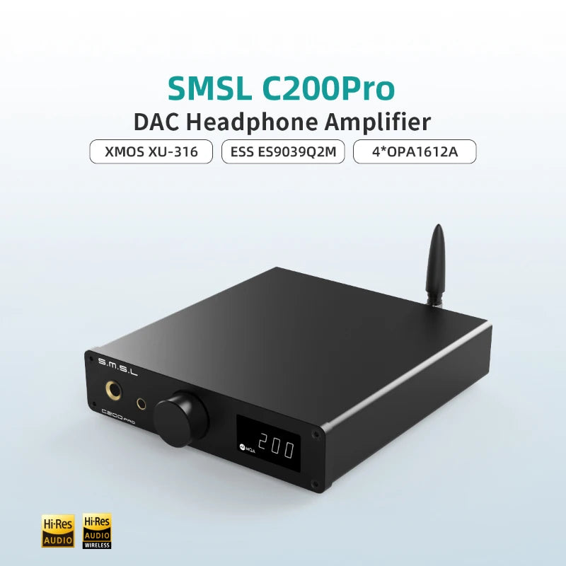 SMSL C200 Pro Decoder Headphone Amplifier USB DAC AMP XMOS XU-316 ES9039Q2M 4*OPA1612A 6.35/4.4mm Headphone Jack Bluetooth 5.1