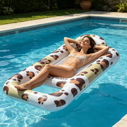 1PC Leopard Print Inflatable Pool Float Adult Lounger with Pillow Cup Holder Mesh Seat, Summer Water Hammock Raft Bed