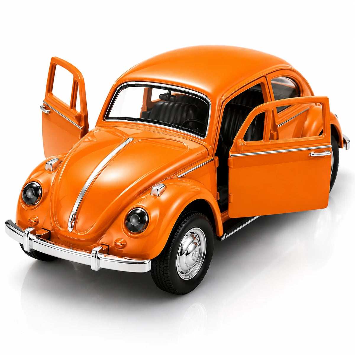 MQUDUO 1:36 Orange Classic Beetle Style Diecast Car Model, Pull Back Vehicle with Openable Doors and Detailed Interior for Decor