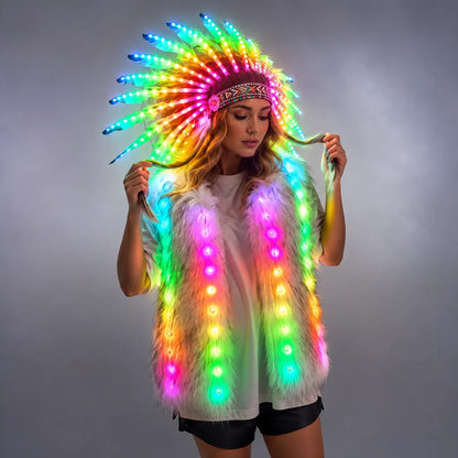 Full Color LED Light up Fur Vest Jacket with Indian Headdress - Performance Outfit for Night Events
