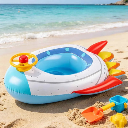 1PC Inflatable Swimming Ring Pool Floats with Seat Steering Wheel Rocket Pattern PVC Water Tube Beach Pool