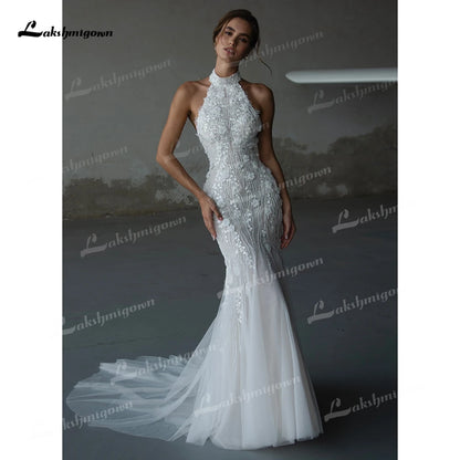 Sexy Halter High Neck Sleeveless Backless Lace Tulle Mermaid Wedding Dress Luxury 2025 Customized Bridal Gowns Vestidos De Novia