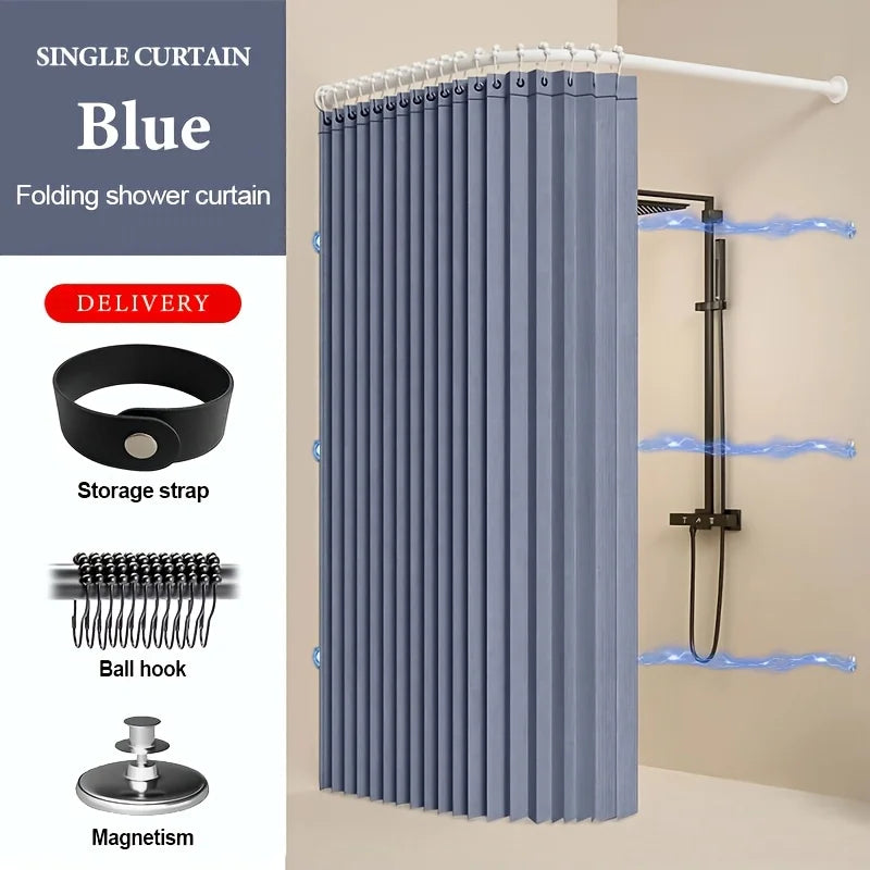 Foldable Magnetic Shower Curtain with Magnetic Buckle Waterproof Bathroom Privacy Screen Dry Wet Separation for Home Hotel