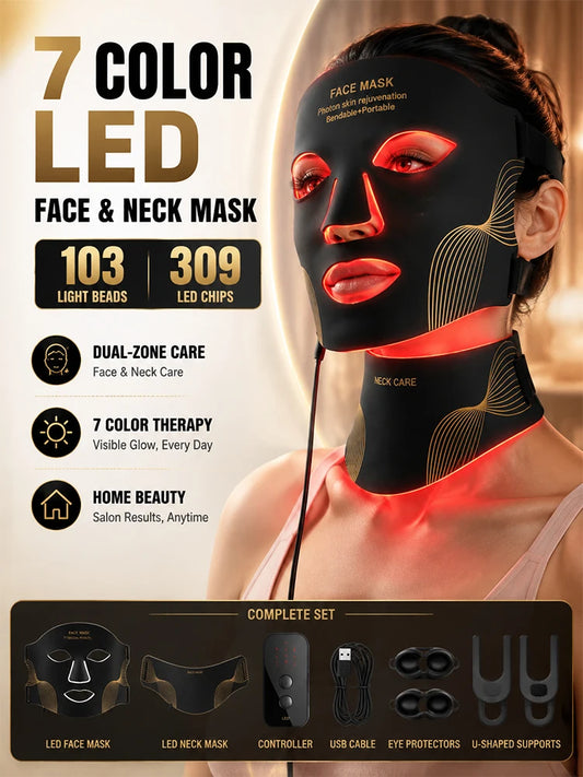 LED Face Mask Red Light Therapy Face Mask Face & Neck 7 Color Light Therapy 309 LED Chips Silicone Skin Care Beauty Device