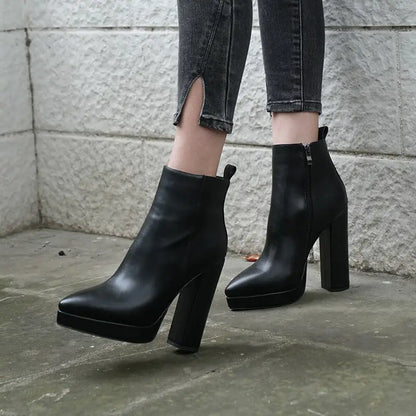 Onlymaker Women Pointed Toe Ankle Boots Black Matte Flock Chunky Heel Platform Booties Party Shoes Large Size Short Boots