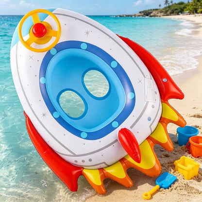 1PC Inflatable Swimming Ring Pool Floats with Seat Steering Wheel Rocket Pattern PVC Water Tube Beach Pool